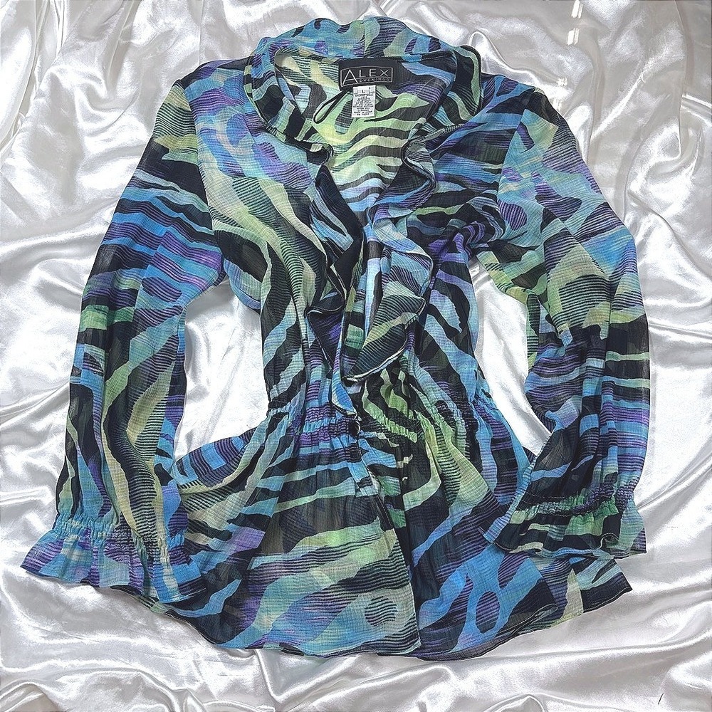 y2k Alex Evenings Blouse Blue Excellent Sheer Ruffle Peplum Zebra Print Top L